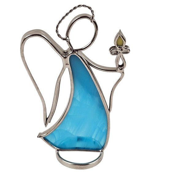 Stained Glass Angel Figurines Set of 2 Handcrafted Decorative Art White Blue - Picture 3 of 9